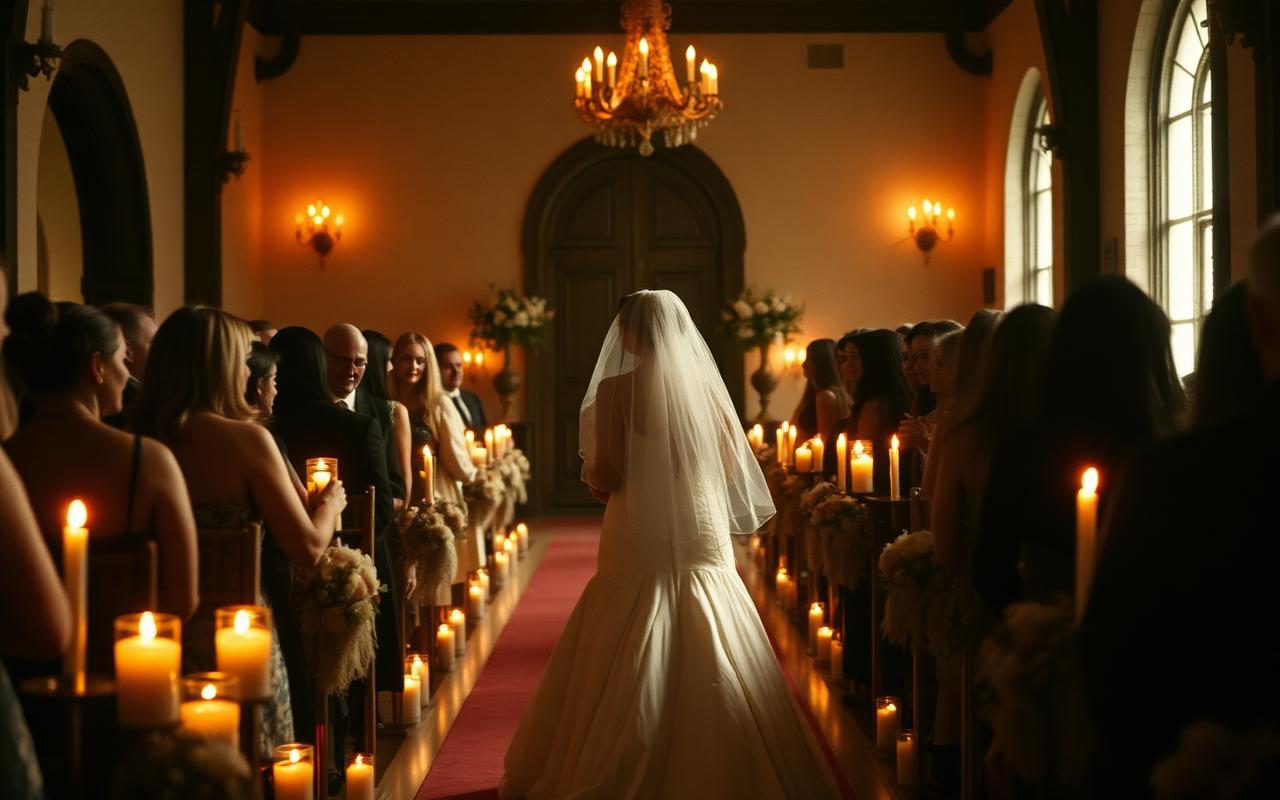 Bride walking down a candlelit aisle