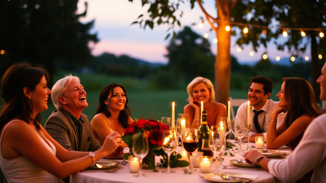 Friends laughing at a candlelit dinner